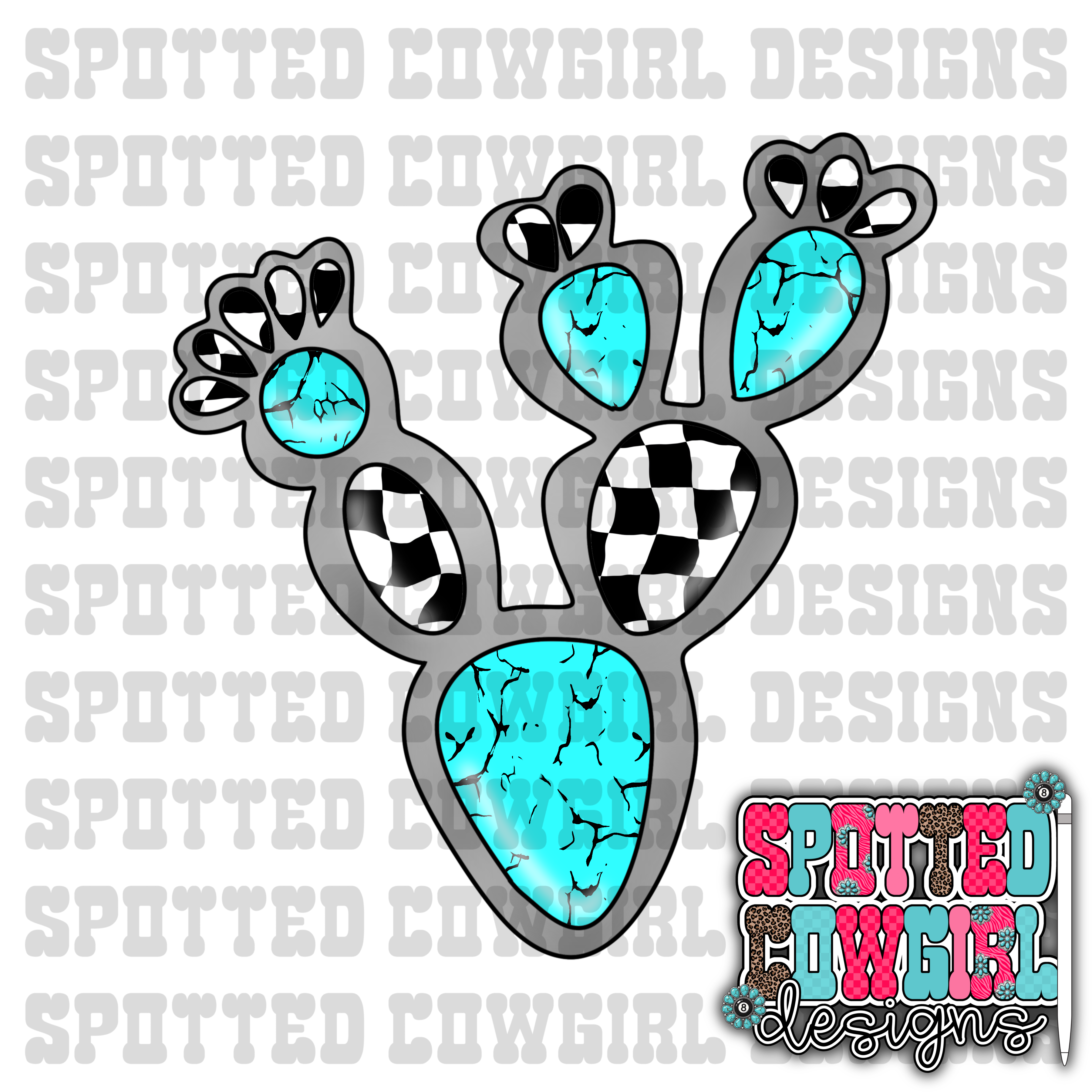 Turquoise and checkered Stone Prickly Pear CLIPART